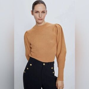 ZARA Knit Sweater PUFF SLEEVES Camel FITTED Crew Neck Top Medium NWOT 2488/119